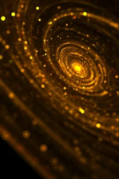 Gold particles drawing a spiral in black space